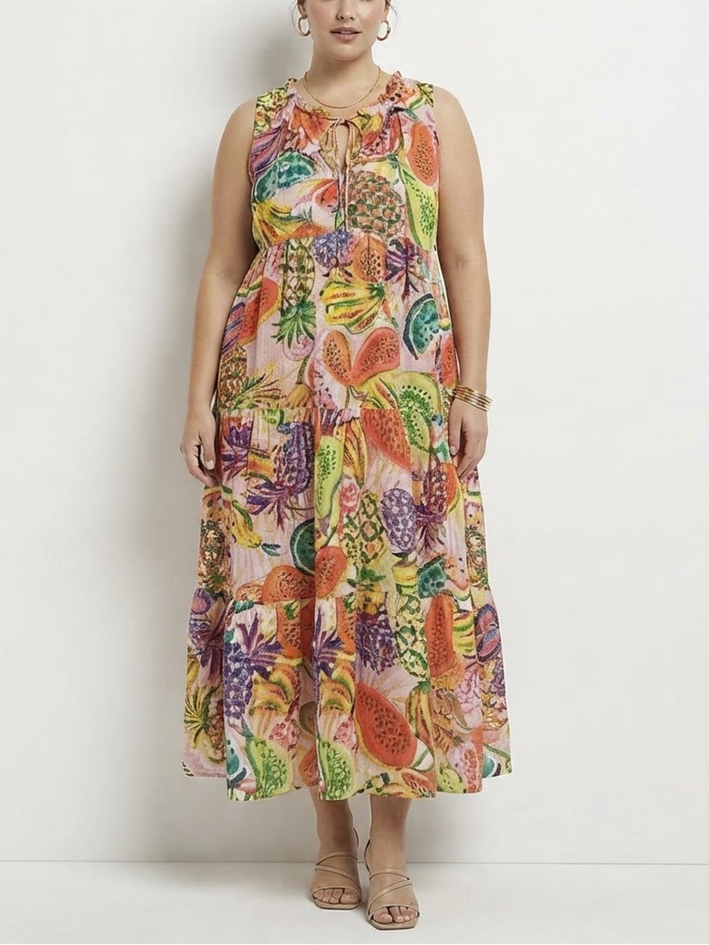 ✨True Destinations Tropical Fruit Print Tiered Maxi Dress Vacation Boho Size L❤️